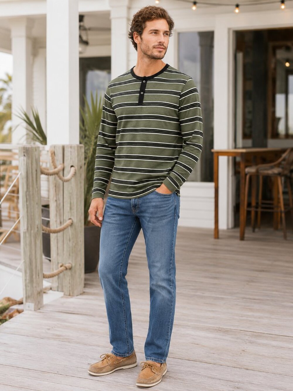 Ocean Current Men’s Olive Striped Long Sleeve Henley Shirt Size M NWT